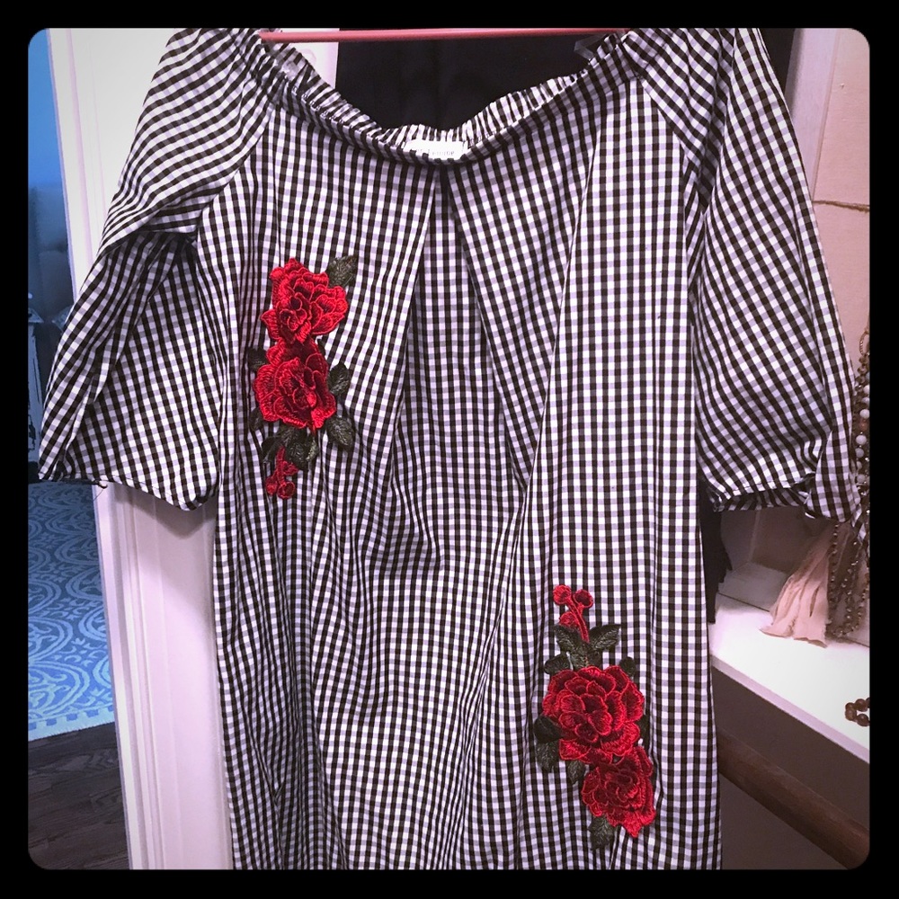 Black and White Gingham Check Off Shoulder Dress